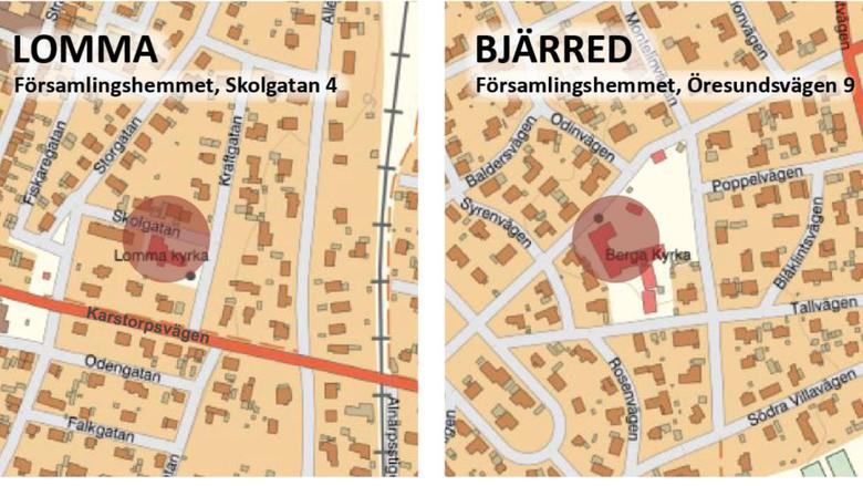 Karta över trygghetspunkter i Lomma kommun. De ligger på Församlingshemmet, Skolgatan 4, Lomma och Församlingshemmet, Öresundsvägen 9, Bjärred